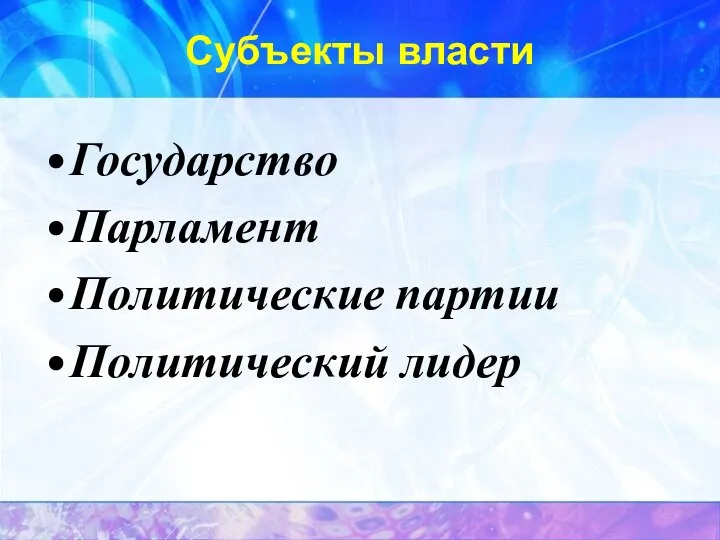 Субъекты власти Государство Парламент Политические партии Политический лидер