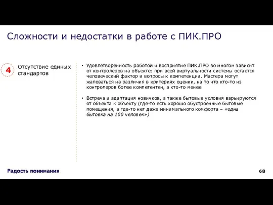 Отсутствие единых стандартов Сложности и недостатки в работе с ПИК.ПРО Удовлетворенность работой