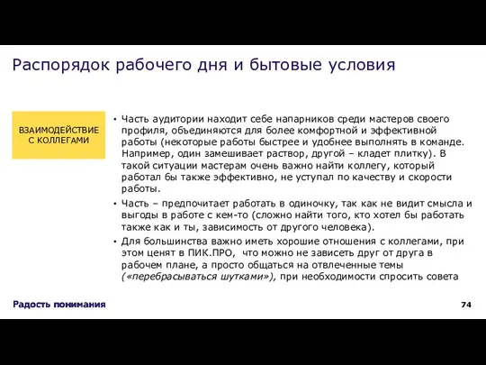 Распорядок рабочего дня и бытовые условия Часть аудитории находит себе напарников среди