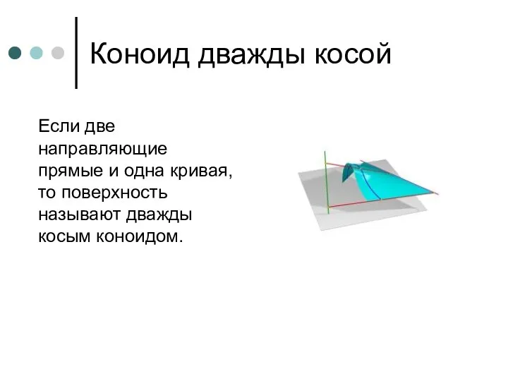 Коноид дважды косой Если две направляющие прямые и одна кривая, то поверхность называют дважды косым коноидом.