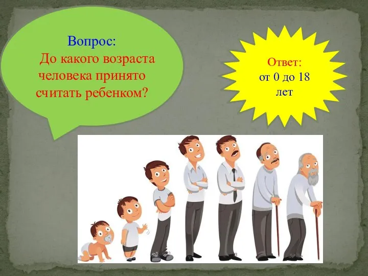 Вопрос: До какого возраста человека принято считать ребенком? Ответ: от 0 до 18 лет