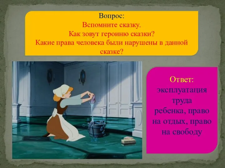 Вопрос: Вспомните сказку. Как зовут героиню сказки? Какие права человека были нарушены