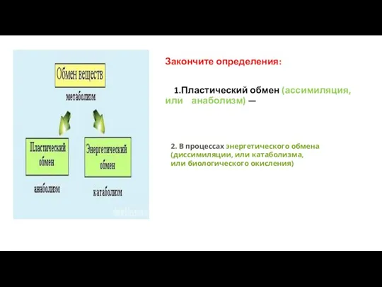 Закончите определения: 1.Пластический обмен (ассимиляция, или анаболизм) — 2. В процессах энергетического