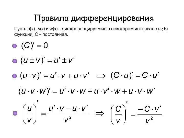 Правила дифференцирования Пусть u(x) , v(x) и w(x) – дифференцируемые в некотором