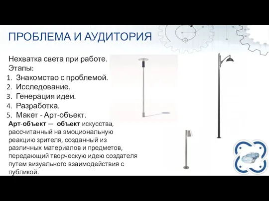 ПРОБЛЕМА И АУДИТОРИЯ Нехватка света при работе. Этапы: Знакомство с проблемой. Исследование.