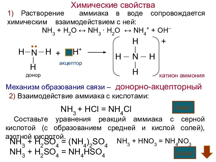 Химические свойства NH3 + H2O ↔ NH3 · H2O ↔ NH4+ +