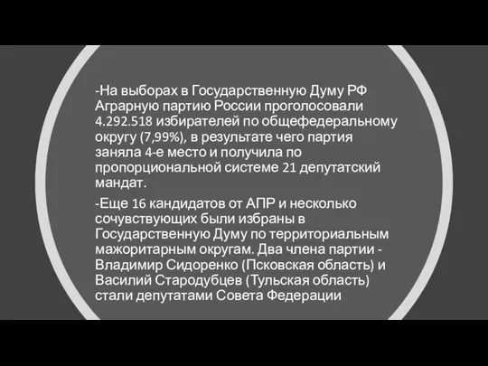 -На выборах в Государственную Думу РФ Аграрную партию России проголосовали 4.292.518 избирателей