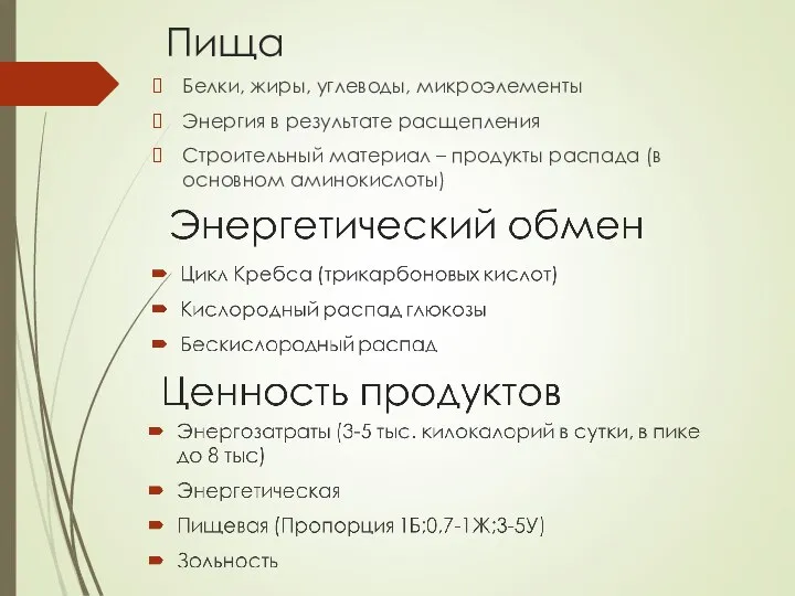 Пища Белки, жиры, углеводы, микроэлементы Энергия в результате расщепления Строительный материал –