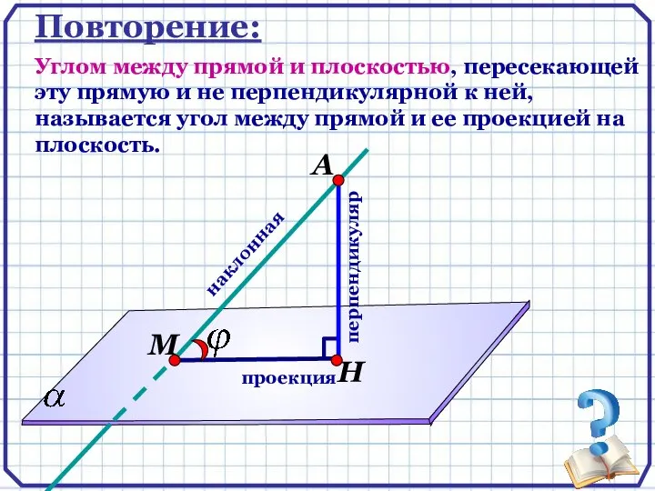 Повторение: Углом между прямой и плоскостью, пересекающей эту прямую и не перпендикулярной