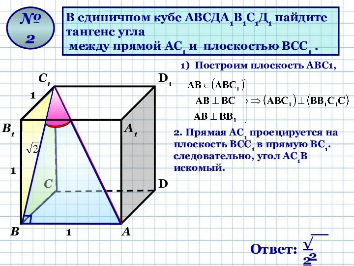 В единичном кубе АВСДА1В1С1Д1 найдите тангенс угла между прямой АС1 и плоскостью