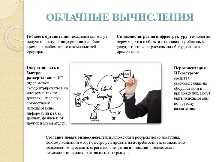 ОБЛАЧНЫЕ ВЫЧИСЛЕНИЯ Гибкость организации: пользователи могут получить доступ к информации в любое