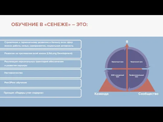 ОБУЧЕНИЕ В «СЕНЕЖЕ» – ЭТО: Принцип «Лидеры учат лидеров» Стремление к гармоничному