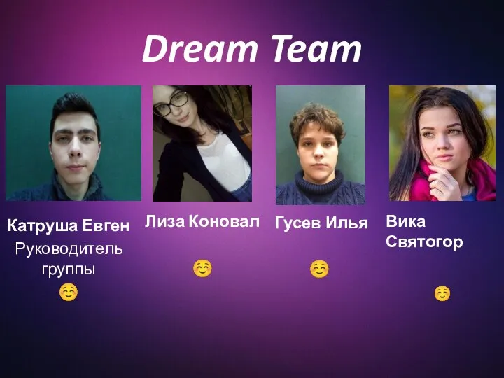 Dream Team Катруша Евген Руководитель группы ☺ Лиза Коновал ☺ Гусев Илья ☺ Вика Святогор ☺