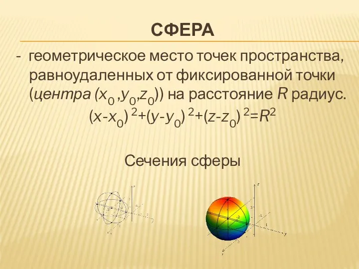 СФЕРА - геометрическое место точек пространства, равноудаленных от фиксированной точки (центра (x0
