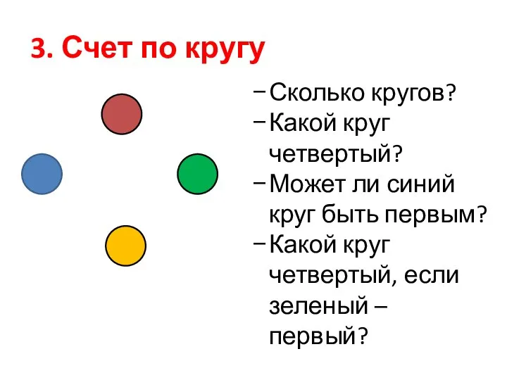 3. Счет по кругу Сколько кругов? Какой круг четвертый? Может ли синий