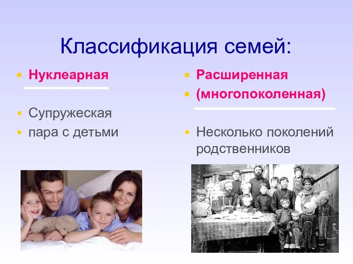 Классификация семей: Нуклеарная Супружеская пара с детьми Расширенная (многопоколенная) Несколько поколений родственников