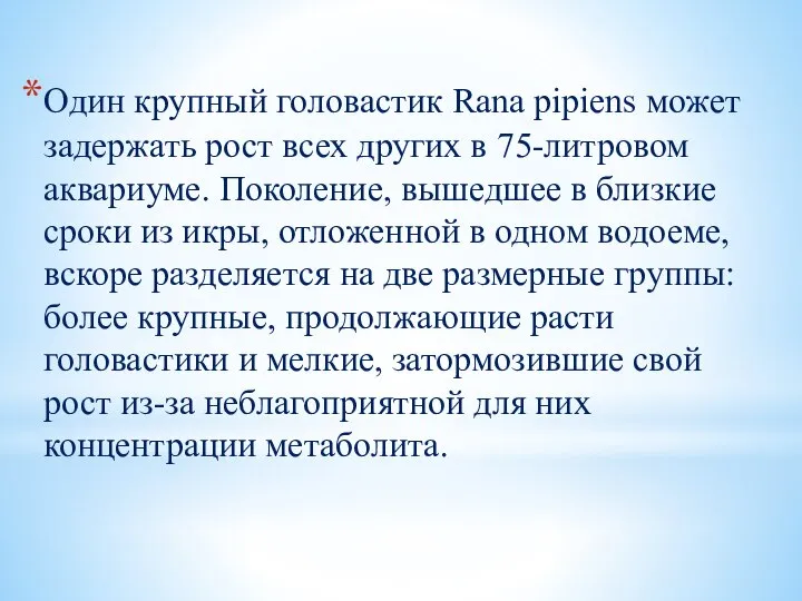 Один крупный головастик Rana pipiens может задержать рост всех других в 75-литровом