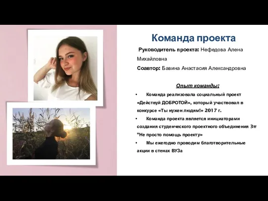 Руководитель проекта: Нефедова Алена Михайловна Соавтор: Бавина Анастасия Александровна Опыт команды: Команда