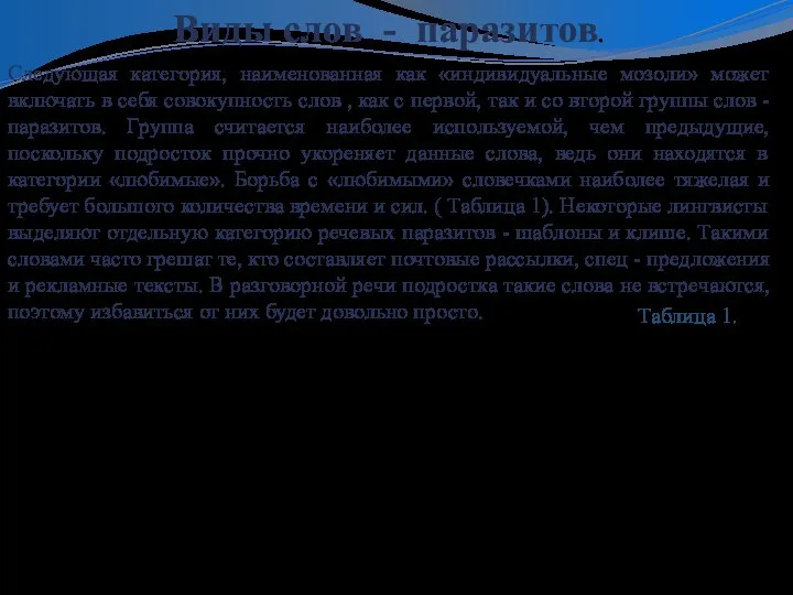 Следующая категория, наименованная как «индивидуальные мозоли» может включать в себя совокупность слов