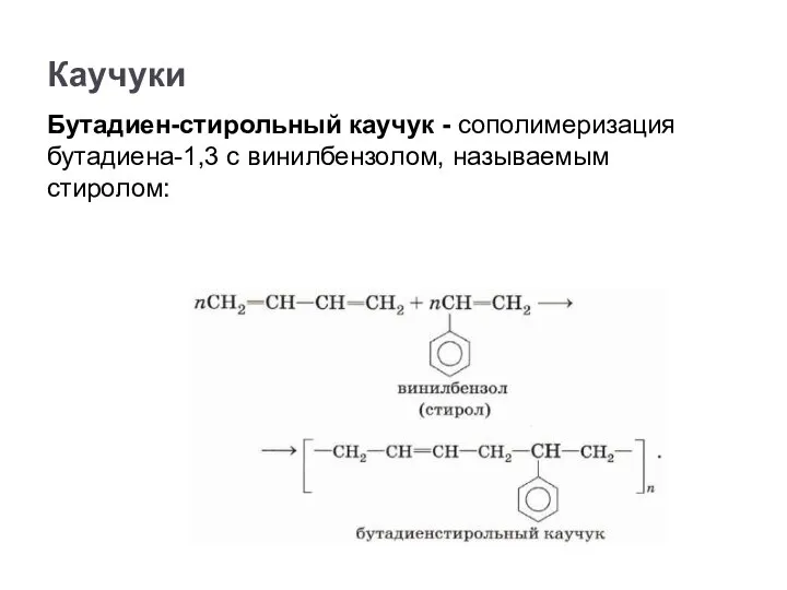 Бутадиен-стирольный каучук - сополимеризация бутадиена-1,3 с винилбензолом, называемым стиролом: Каучуки