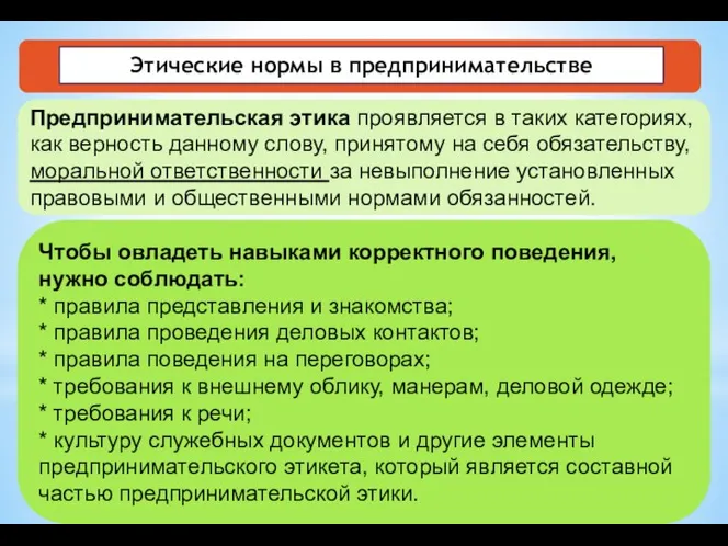 Этические нормы в предпринимательстве Предпринимательская этика проявляется в таких категориях, как верность