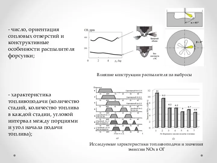 - число, ориентация сопловых отверстий и конструктивные особенности распылителя форсунки; - характеристика