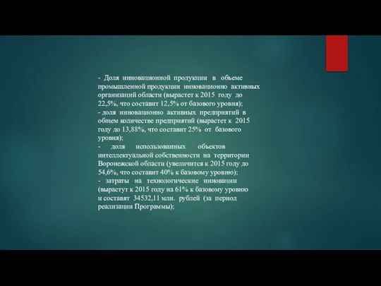 - Доля инновационной продукции в объеме промышленной продукции инновационно активных организаций области