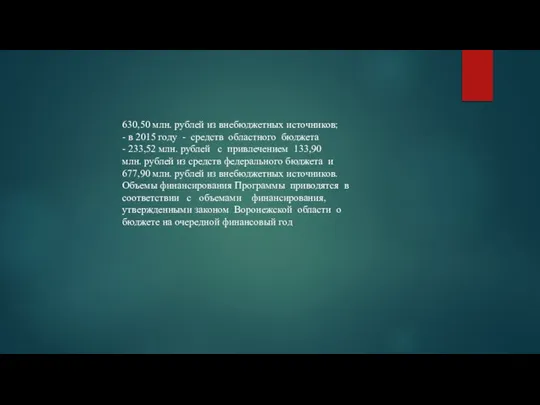 630,50 млн. рублей из внебюджетных источников; - в 2015 году - средств
