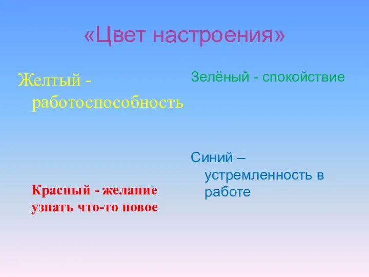 «Цвет настроения» Желтый -работоспособность Зелёный - спокойствие Синий – устремленность в работе