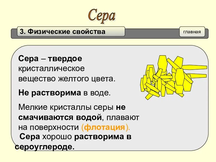 Сера главная Сера – твердое кристаллическое вещество желтого цвета. Не растворима в