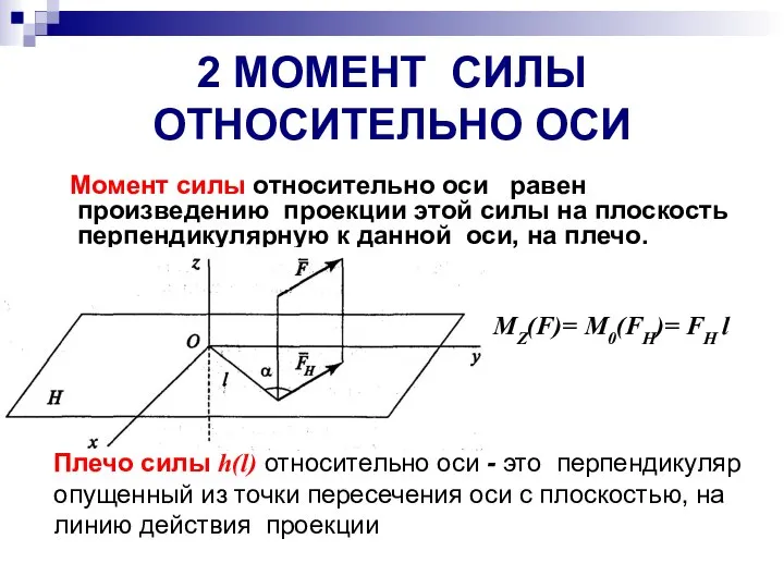 2 МОМЕНТ СИЛЫ ОТНОСИТЕЛЬНО ОСИ Момент силы относительно оси равен произведению проекции