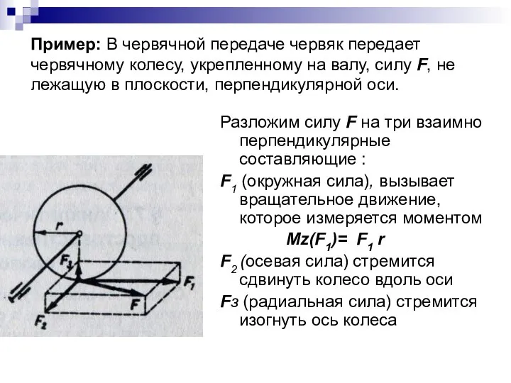 Пример: В червячной передаче червяк передает червячному колесу, укрепленному на валу, силу