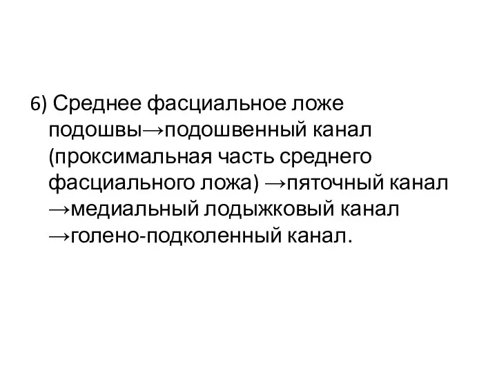 6) Среднее фасциальное ложе подошвы→подошвенный канал (проксимальная часть среднего фасциального ложа) →пяточный