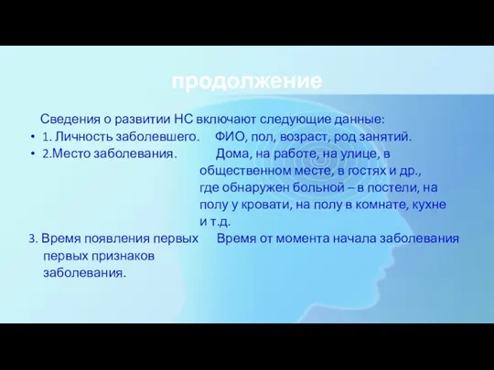 продолжение Сведения о развитии НС включают следующие данные: 1. Личность заболевшего. ФИО,