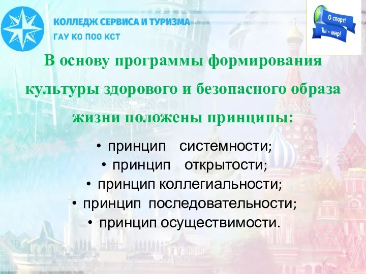 В основу программы формирования культуры здорового и безопасного образа жизни положены принципы: