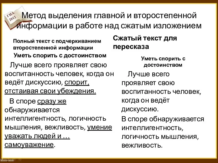 Метод выделения главной и второстепенной информации в работе над сжатым изложением Полный