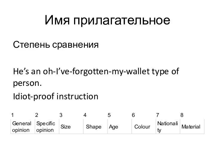 Имя прилагательное Степень сравнения He’s an oh-I’ve-forgotten-my-wallet type of person. Idiot-proof instruction