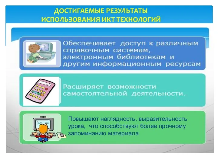 Повышают наглядность, выразительность урока, что способствуют более прочному запоминанию материала ДОСТИГАЕМЫЕ РЕЗУЛЬТАТЫ ИСПОЛЬЗОВАНИЯ ИКТ-ТЕХНОЛОГИЙ