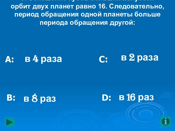 8. Отношение кубов больших полуосей орбит двух планет равно 16. Следовательно, период