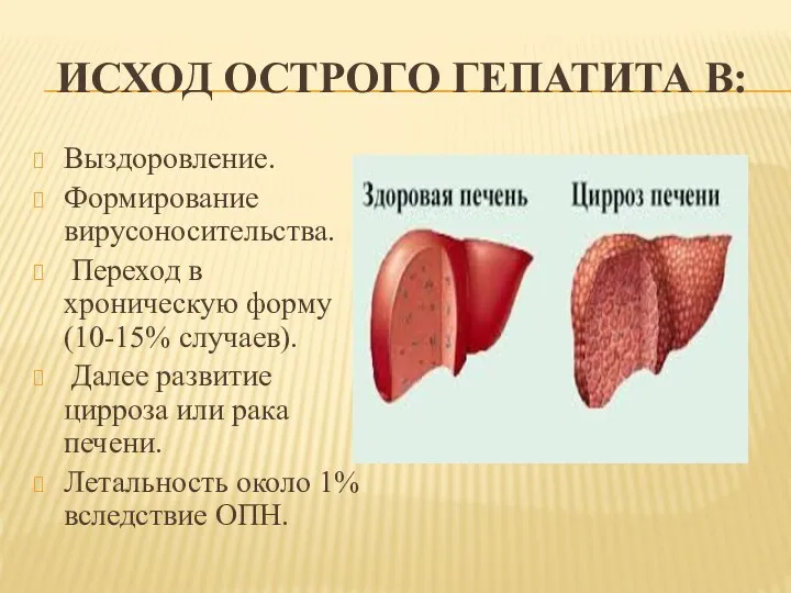 ИСХОД ОСТРОГО ГЕПАТИТА В: Выздоровление. Формирование вирусоносительства. Переход в хроническую форму (10-15%