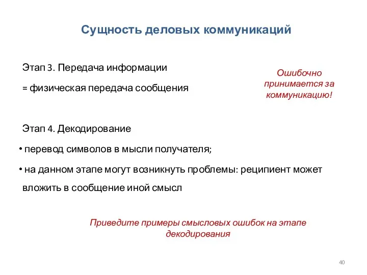 Сущность деловых коммуникаций Этап 3. Передача информации = физическая передача сообщения Этап