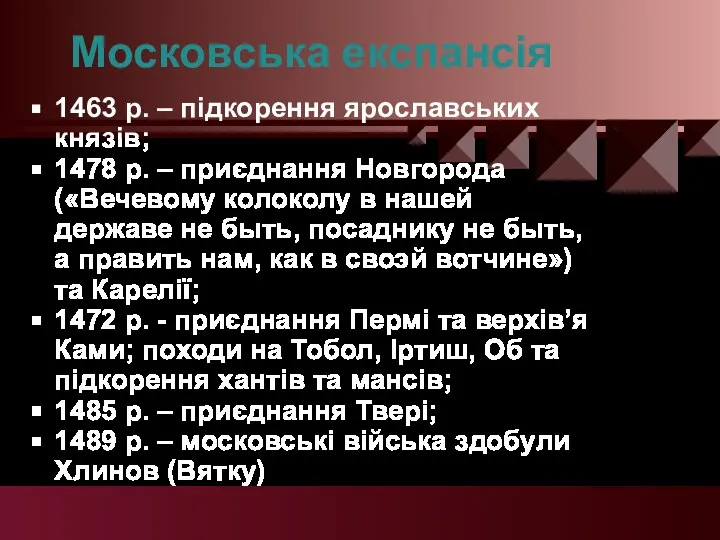 Московська експансія 1463 р. – підкорення ярославських князів; 1478 р. – приєднання