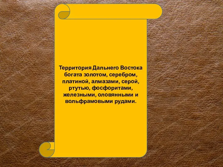 Территория Дальнего Востока богата золотом, серебром, платиной, алмазами, серой, ртутью, фосфоритами, железными, оловянными и вольфрамовыми рудами.