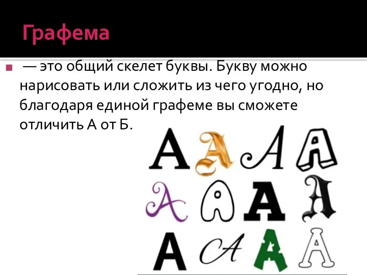 Графема — это общий скелет буквы. Букву можно нарисовать или сложить из