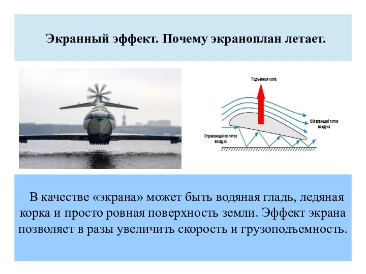 Экранный эффект. Почему экраноплан летает. В качестве «экрана» может быть водяная гладь,