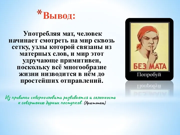 Вывод: Употребляя мат, человек начинает смотреть на мир сквозь сетку, узлы которой