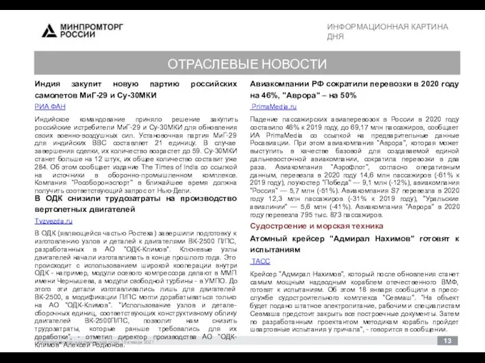 ИНФОРМАЦИОННАЯ КАРТИНА ДНЯ 30 Информационно-аналитический отчет 19 января 2021 13 ОТРАСЛЕВЫЕ НОВОСТИ