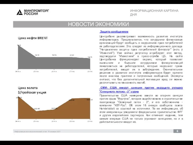 ИНФОРМАЦИОННАЯ КАРТИНА ДНЯ Информационно-аналитический отчет 19 января 2021 6 НОВОСТИ ЭКОНОМИКИ 30