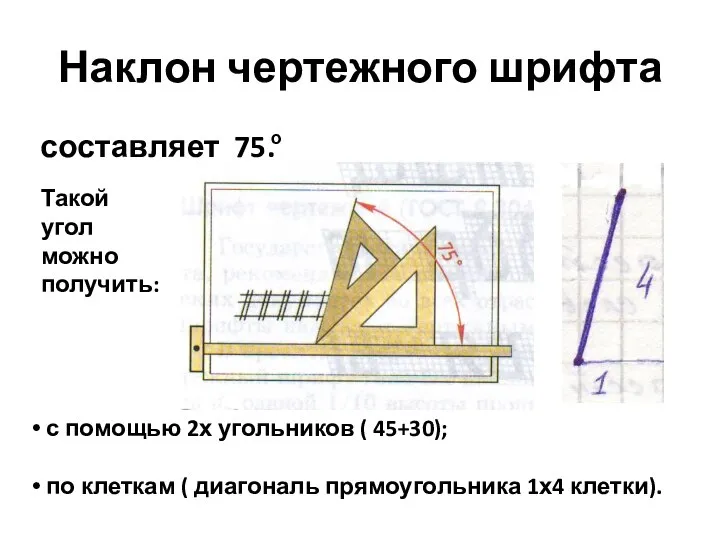 Наклон чертежного шрифта составляет 75. о Такой угол можно получить: с помощью