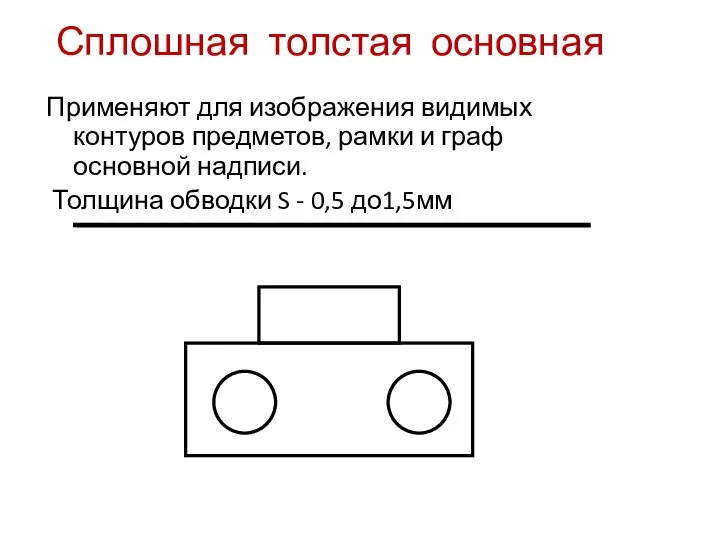 Сплошная толстая основная Применяют для изображения видимых контуров предметов, рамки и граф